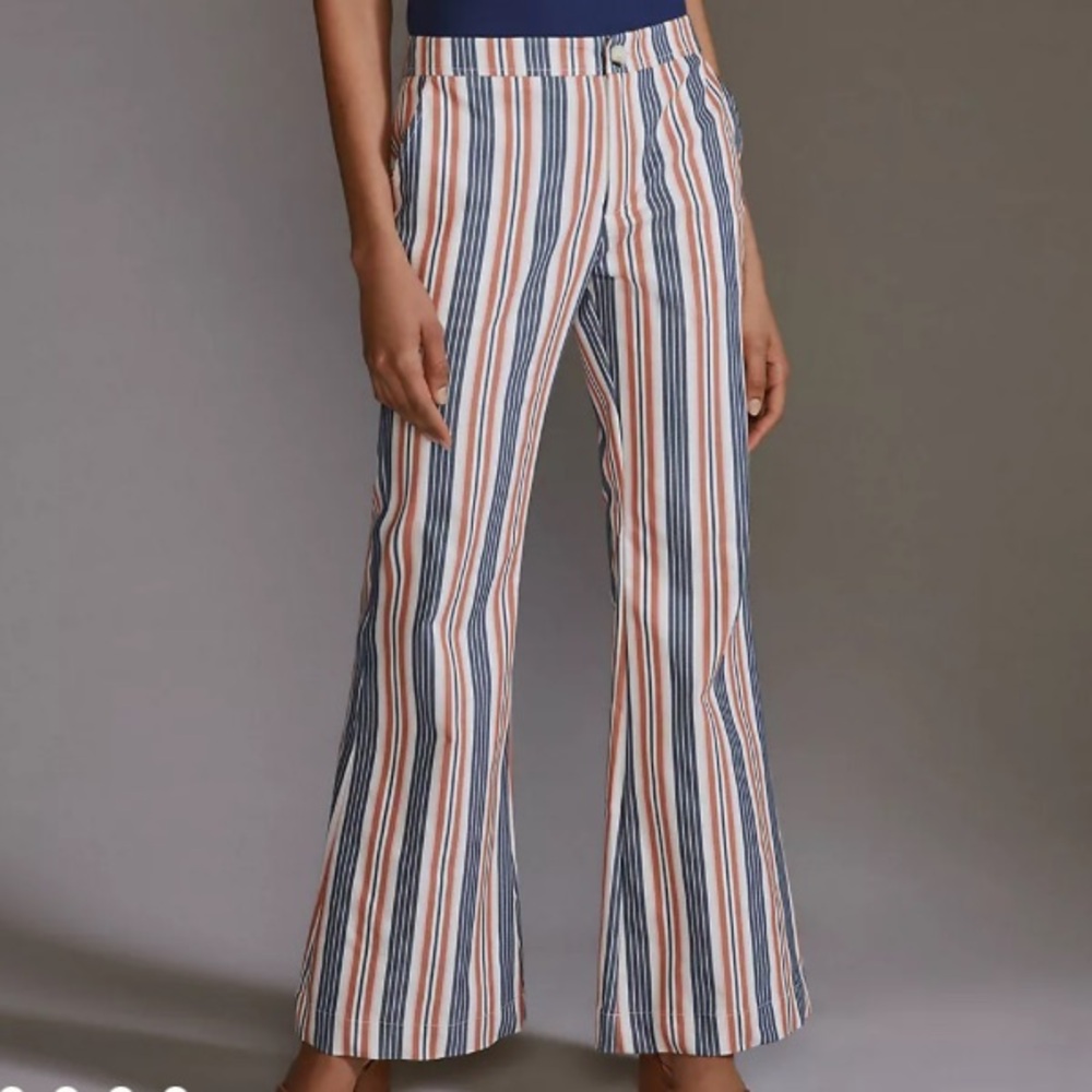 Anthropologie Striped Boot-Cut Jumpsuit Pants in Navy, Coral & White